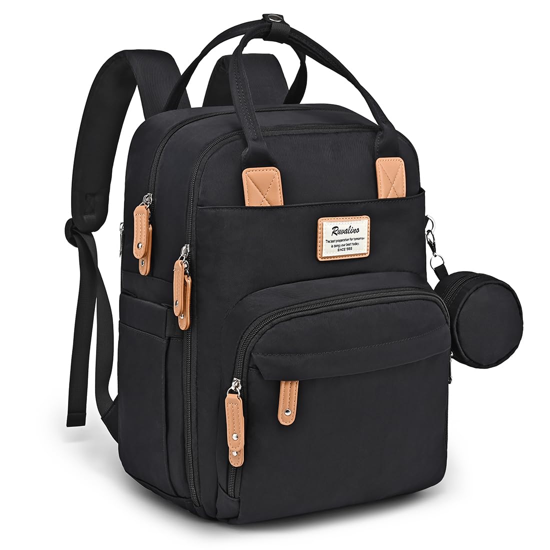RUVALINO diaper bag backpack front view showing the roomy main compartment for essentials.