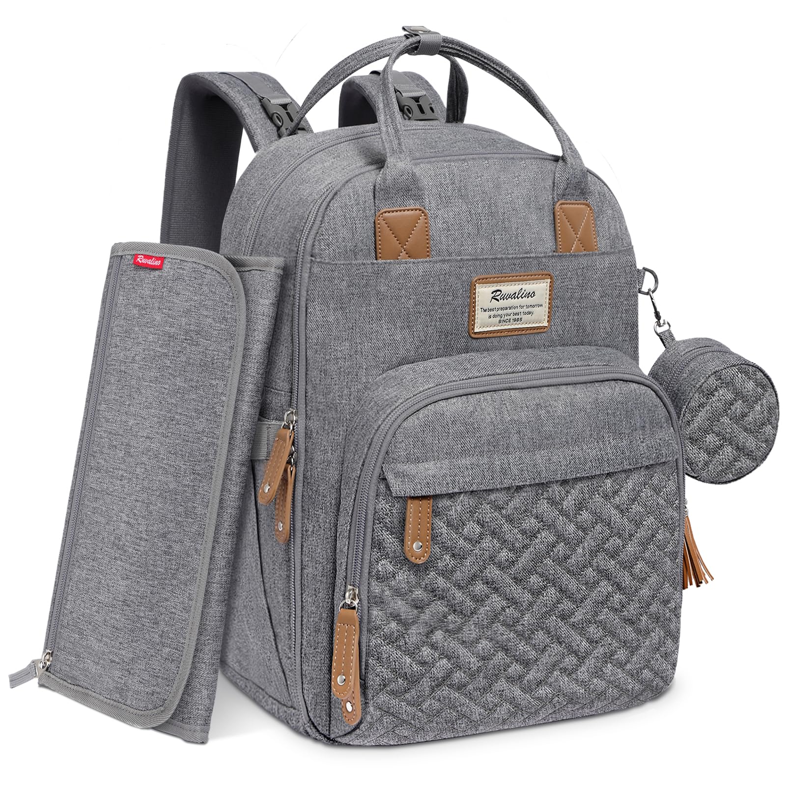 RUVALINO diaper bag backpack gray front view showing organized compartments for on-the-go parents