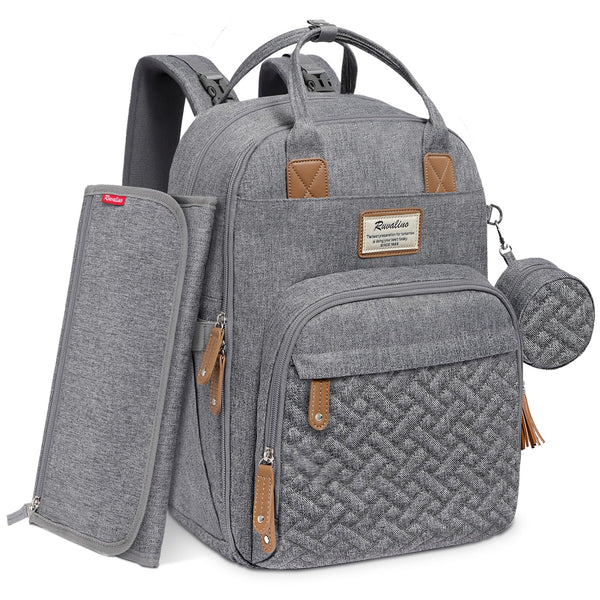 RUVALINO diaper bag backpack gray front view showing organized compartments for on-the-go parents