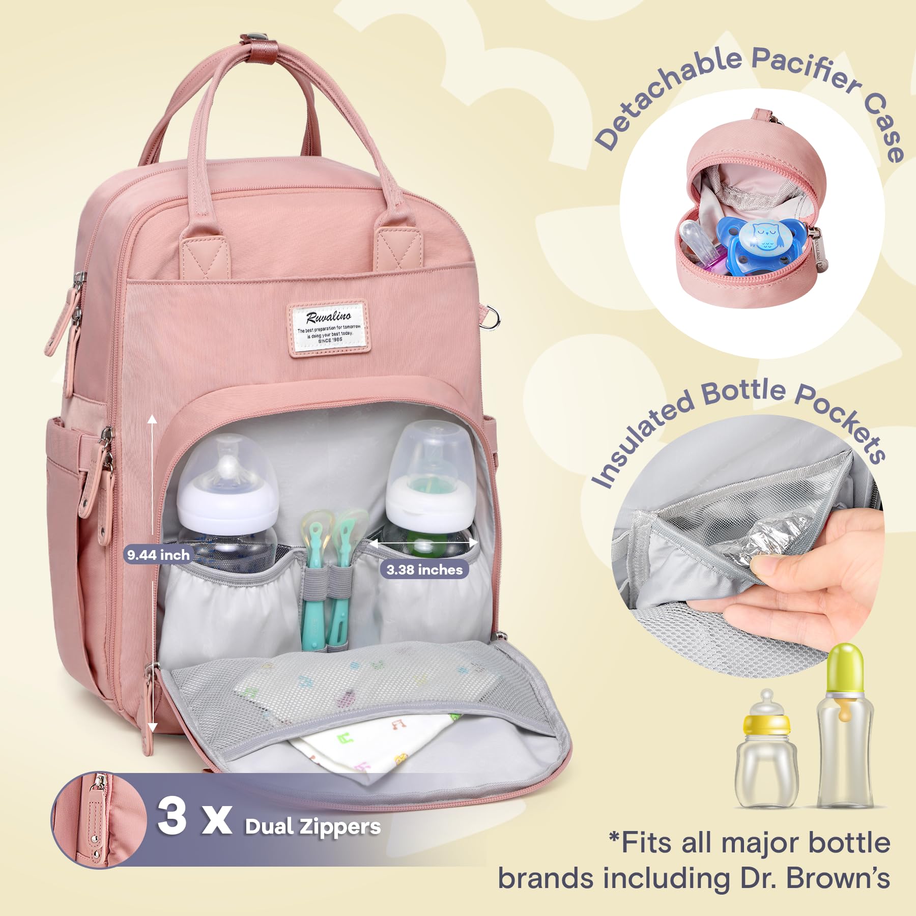 RUVALINO diaper bag backpack insulated bottle pockets for warm or cool drinks