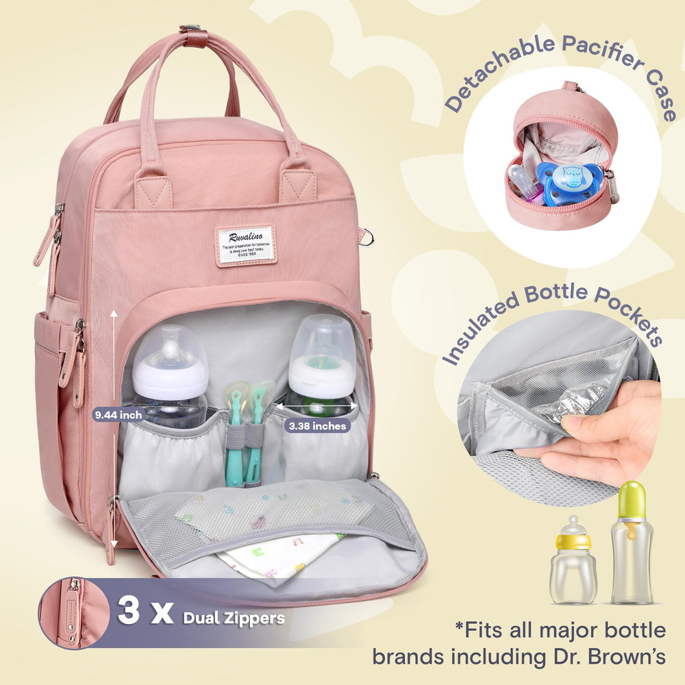 RUVALINO diaper bag backpack insulated bottle pockets for warm or cool drinks
