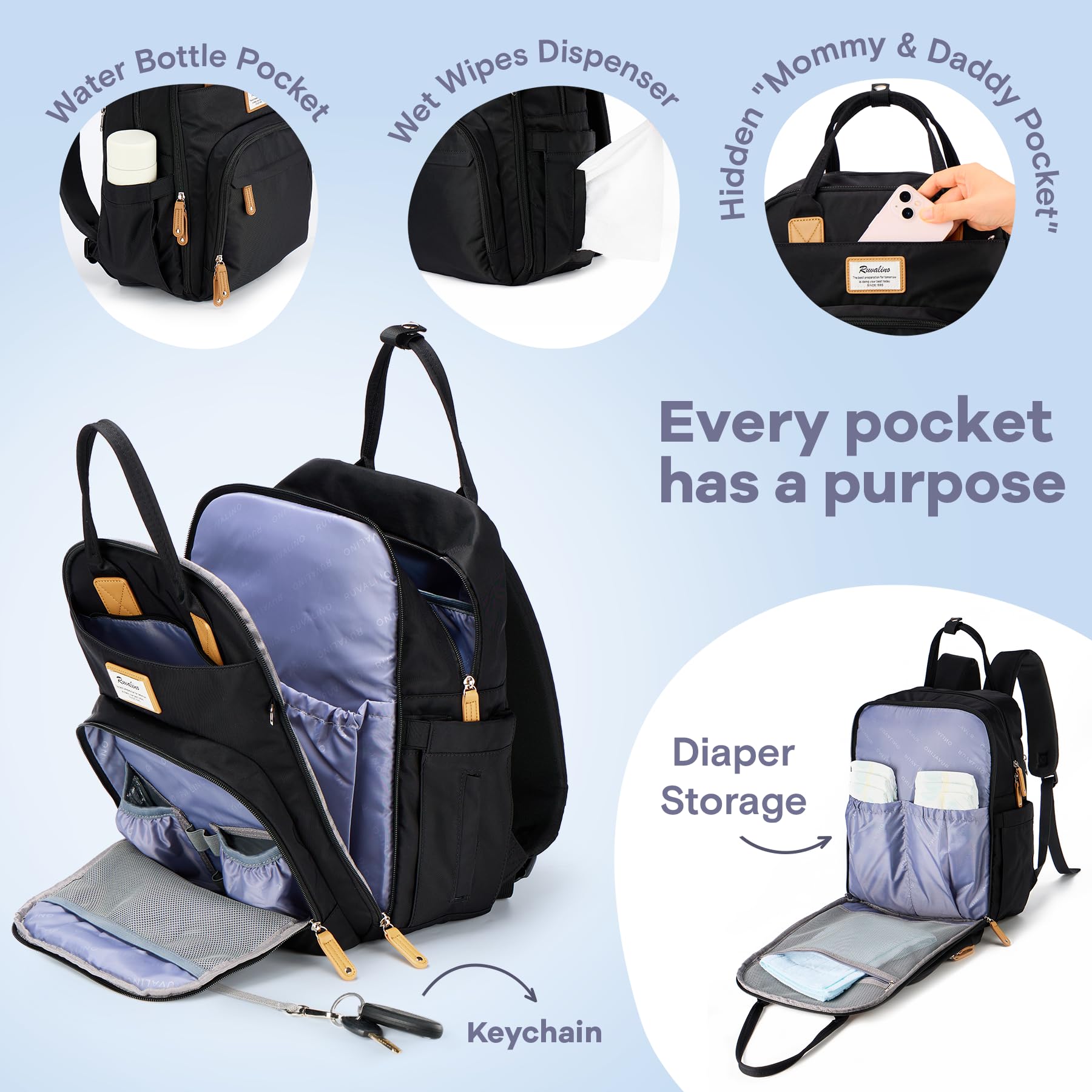 RUVALINO diaper bag insulated bottle pockets keep bottles at the right temperature.