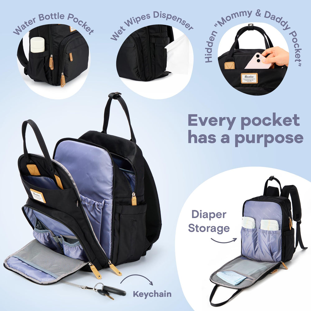RUVALINO diaper bag insulated bottle pockets keep bottles at the right temperature.