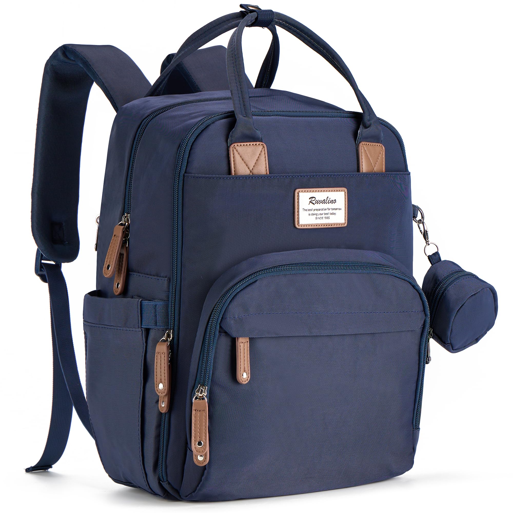 RUVALINO diaper bag backpack in navy with spacious main compartment for easy on-the-go organization.