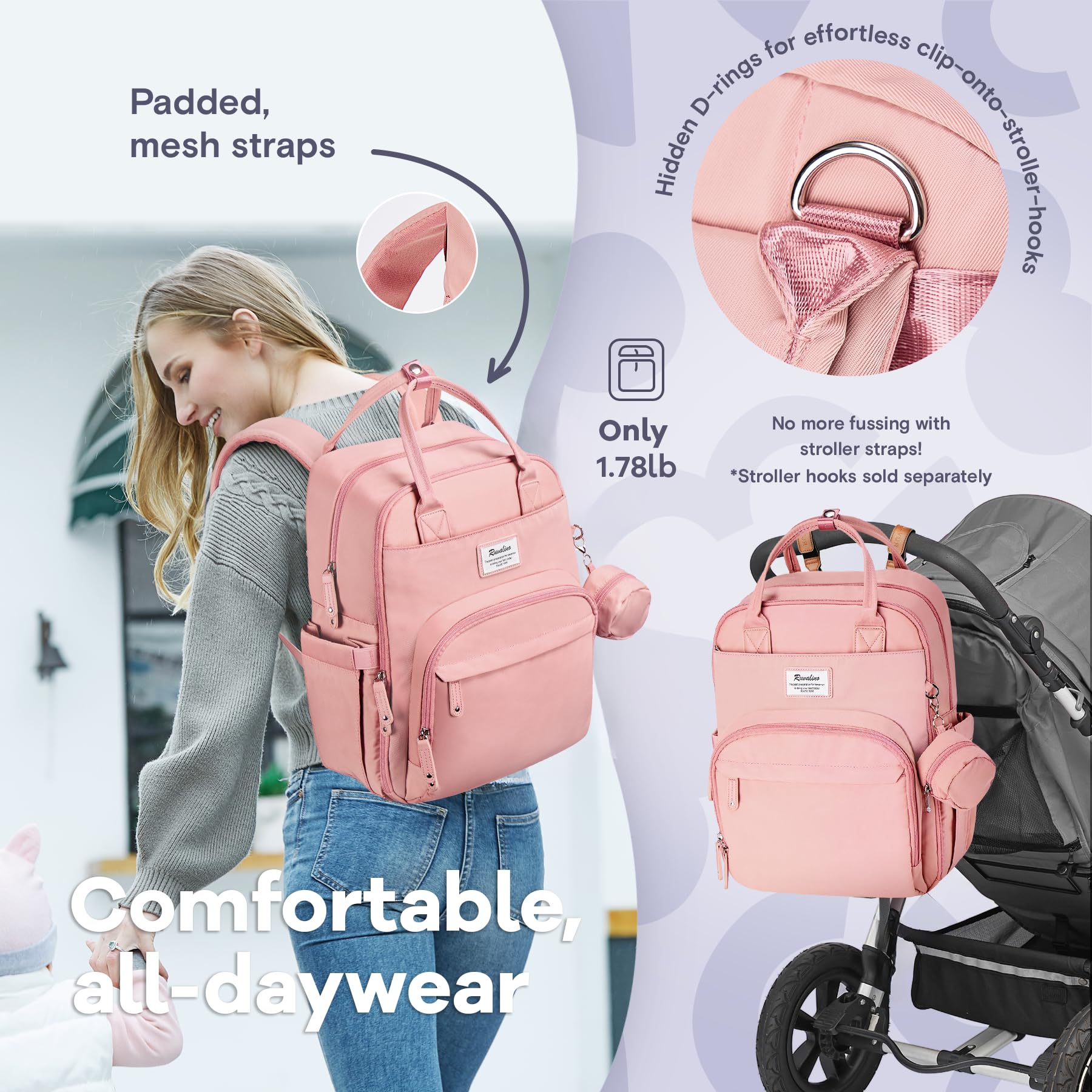 RUVALINO diaper bag backpack side pocket storage for diapers and wipes