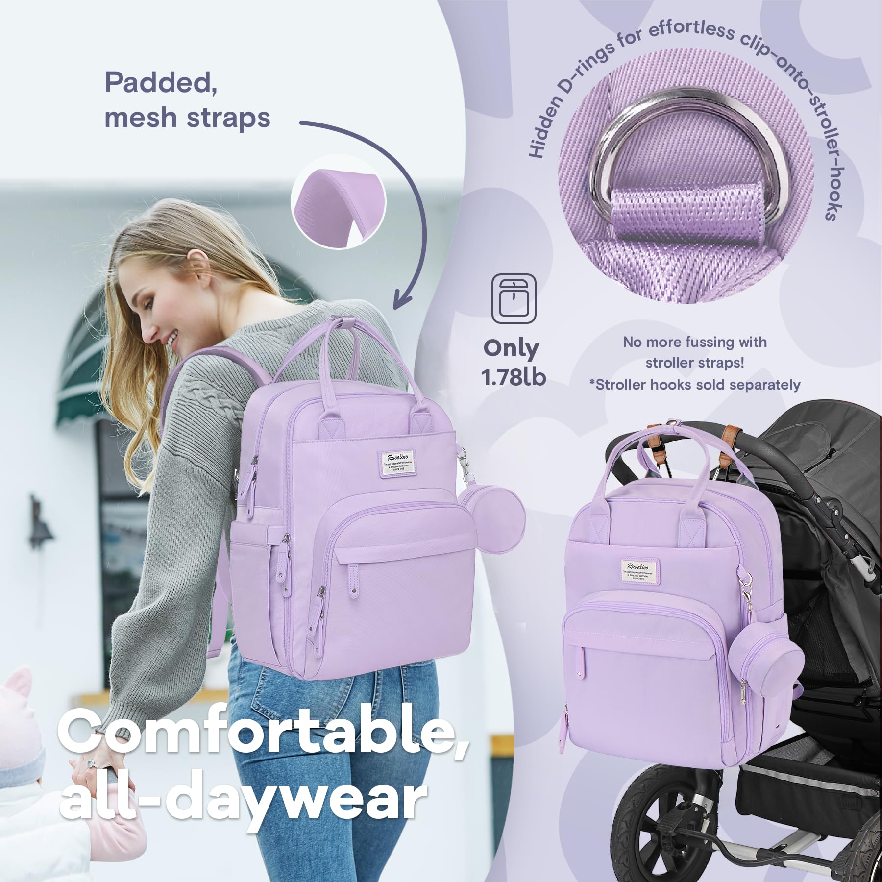 RUVALINO diaper bag backpack stroller clip option offers hands-free convenience.