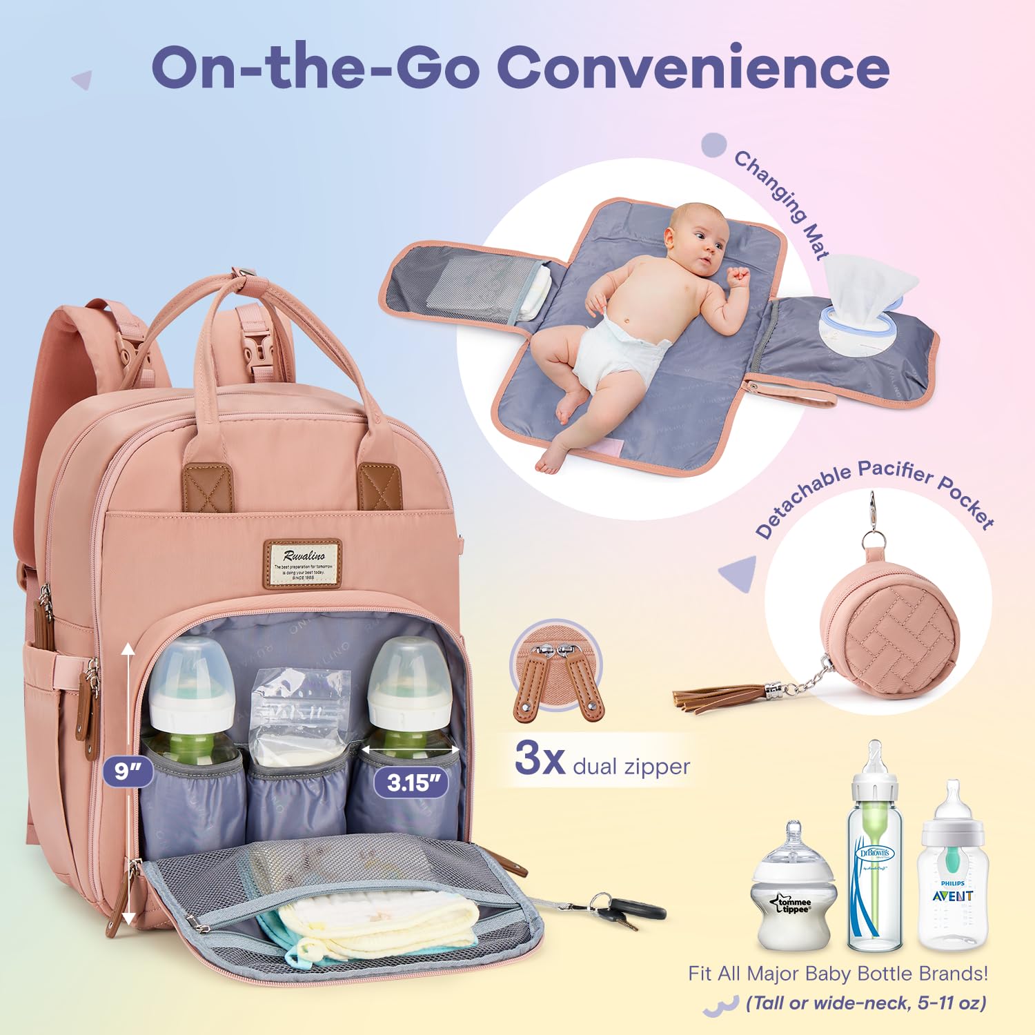 RUVALINO diaper bag backpack with stroller straps for hands-free transport