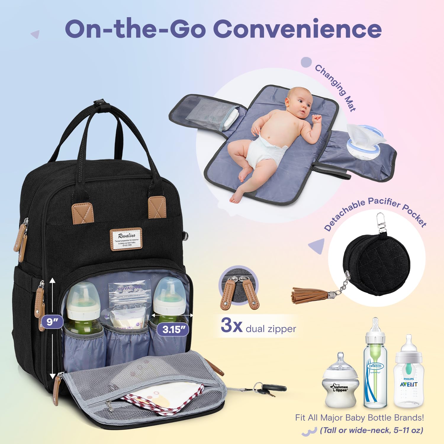 RUVALINO diaper bag backpack with stroller straps for hands-free outings