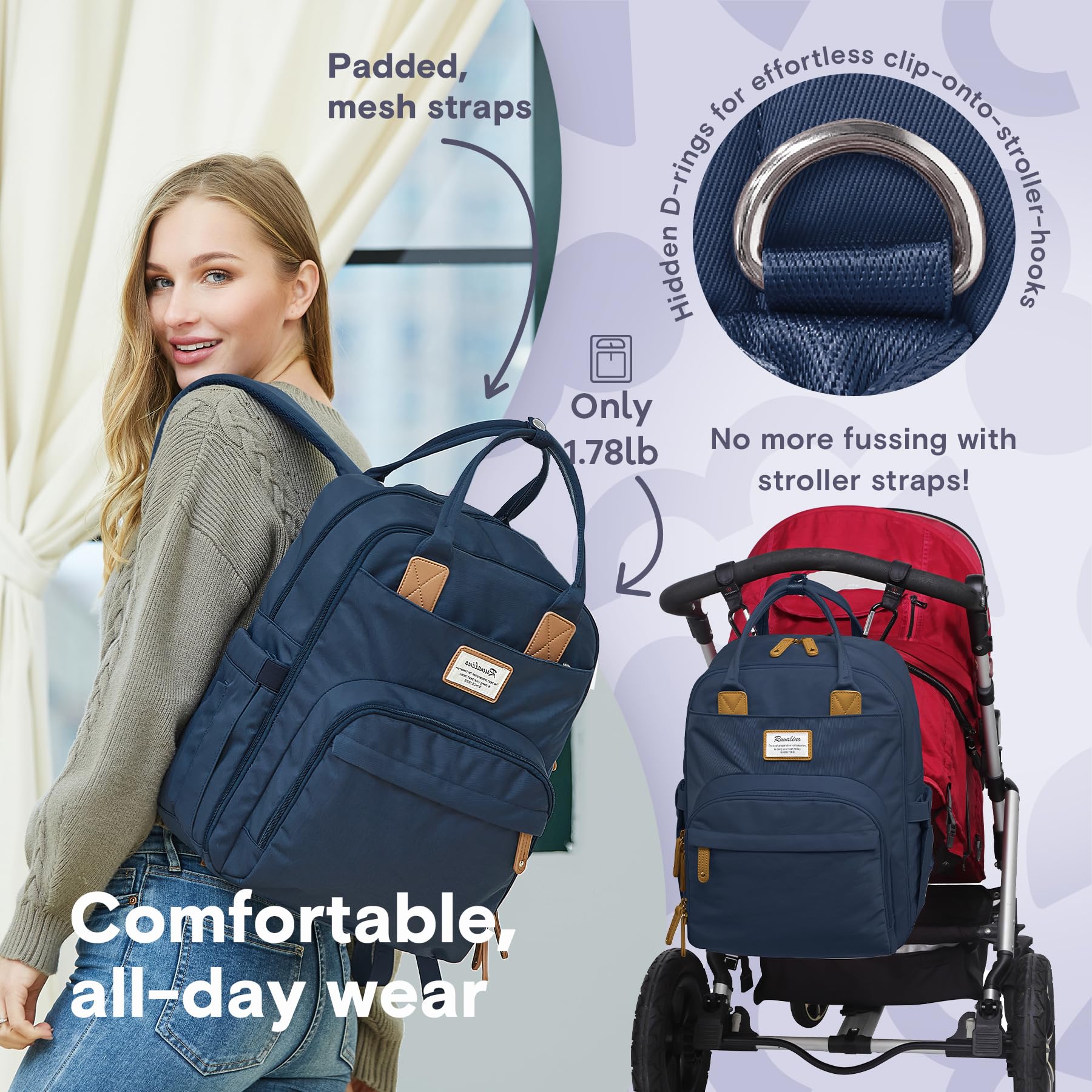 RUVALINO diaper bag backpack waterproof fabric for all-weather use