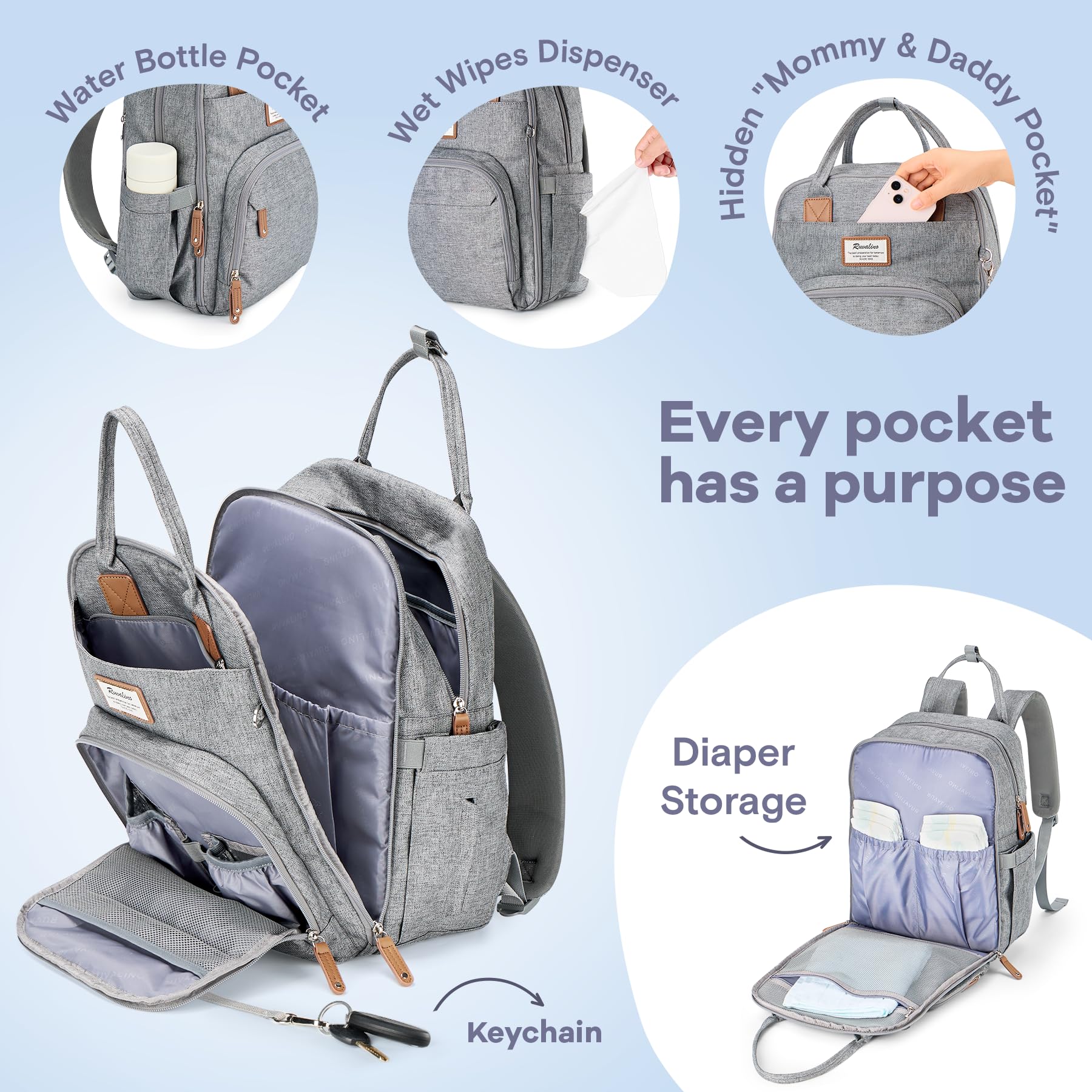 RUVALINO diaper bag insulated bottle pockets in action, keeping temperatures stable.