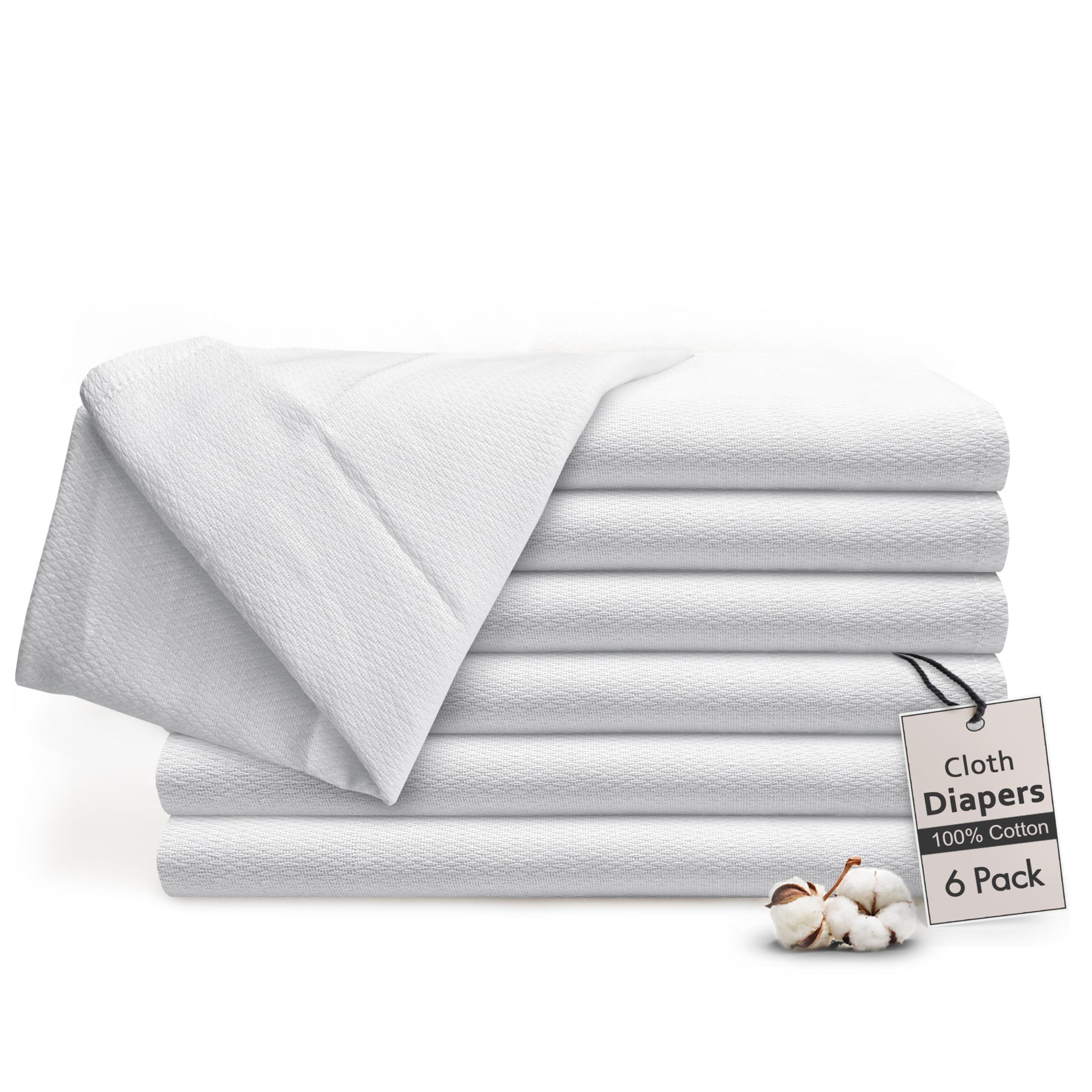RUVANTI Birdseye flat-fold cloth diapers 23x23 inches in white for gentle newborn use.