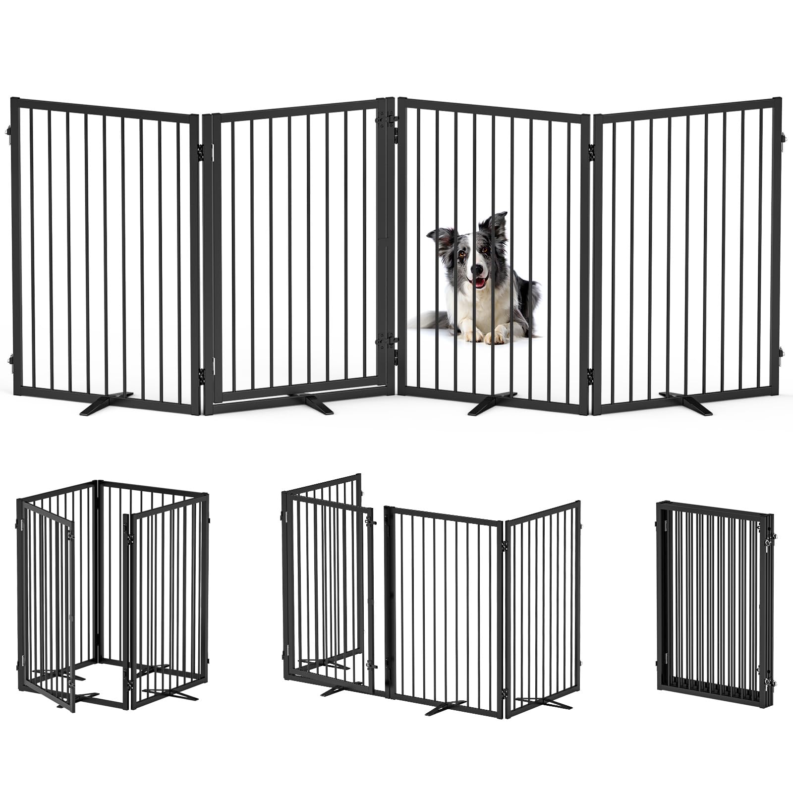 Rvdeaa free-standing dog gate front view with four panels for wide spaces