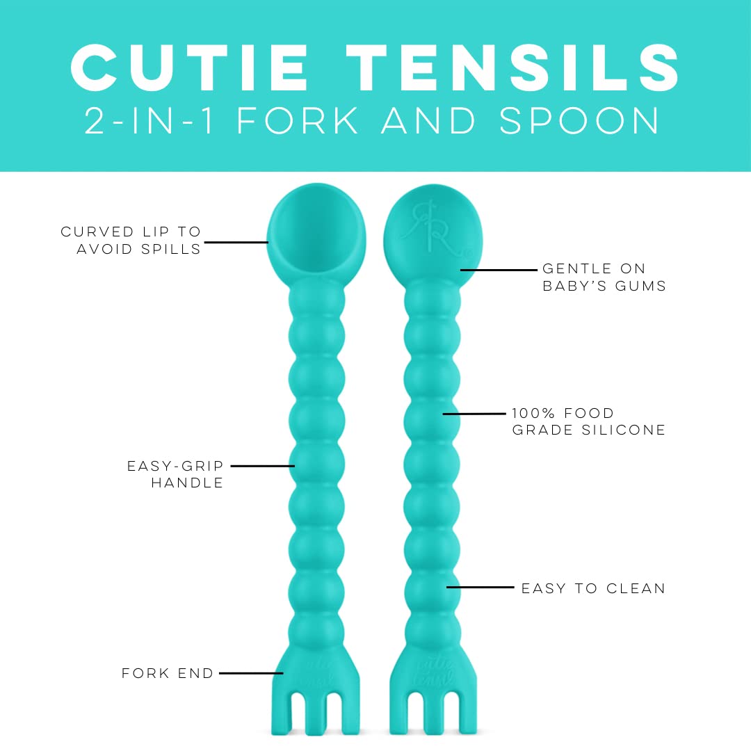 Cutie Tensil with easy-grip handle in turquoise supporting independent eating