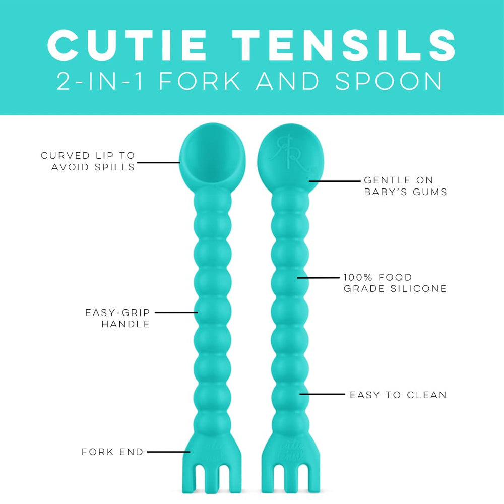 Cutie Tensil with easy-grip handle in turquoise supporting independent eating