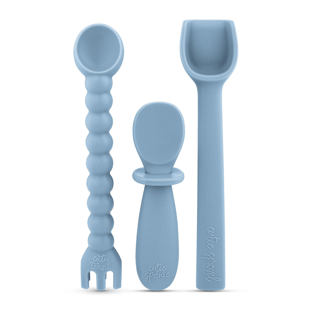 Ryan and Rose Cutie Tensil dual-ended spoon and fork for gentle gums and independent feeding.