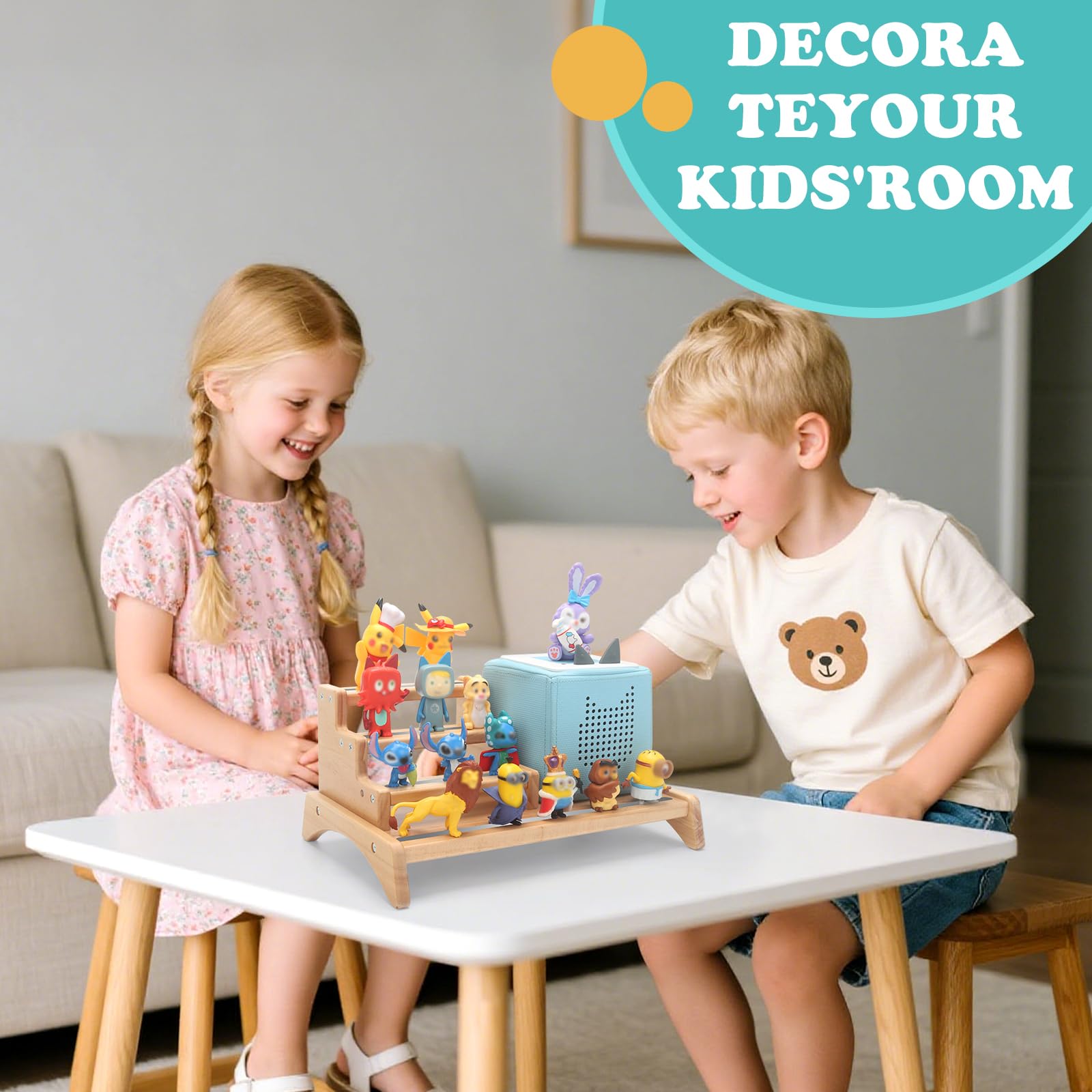RZYLKA Wall-mounted Tonies shelf saves desk space in a kid's room.