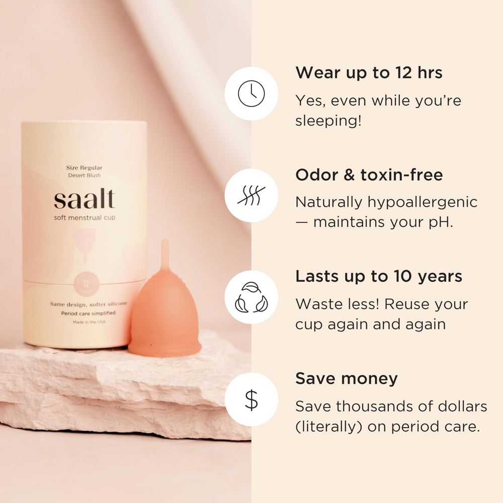 Desert Blush carry pouch with Saalt Soft cup for discreet storage.