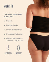 Saalt Cotton Bikini period underwear back view in Volcanic Black emphasizes coverage.