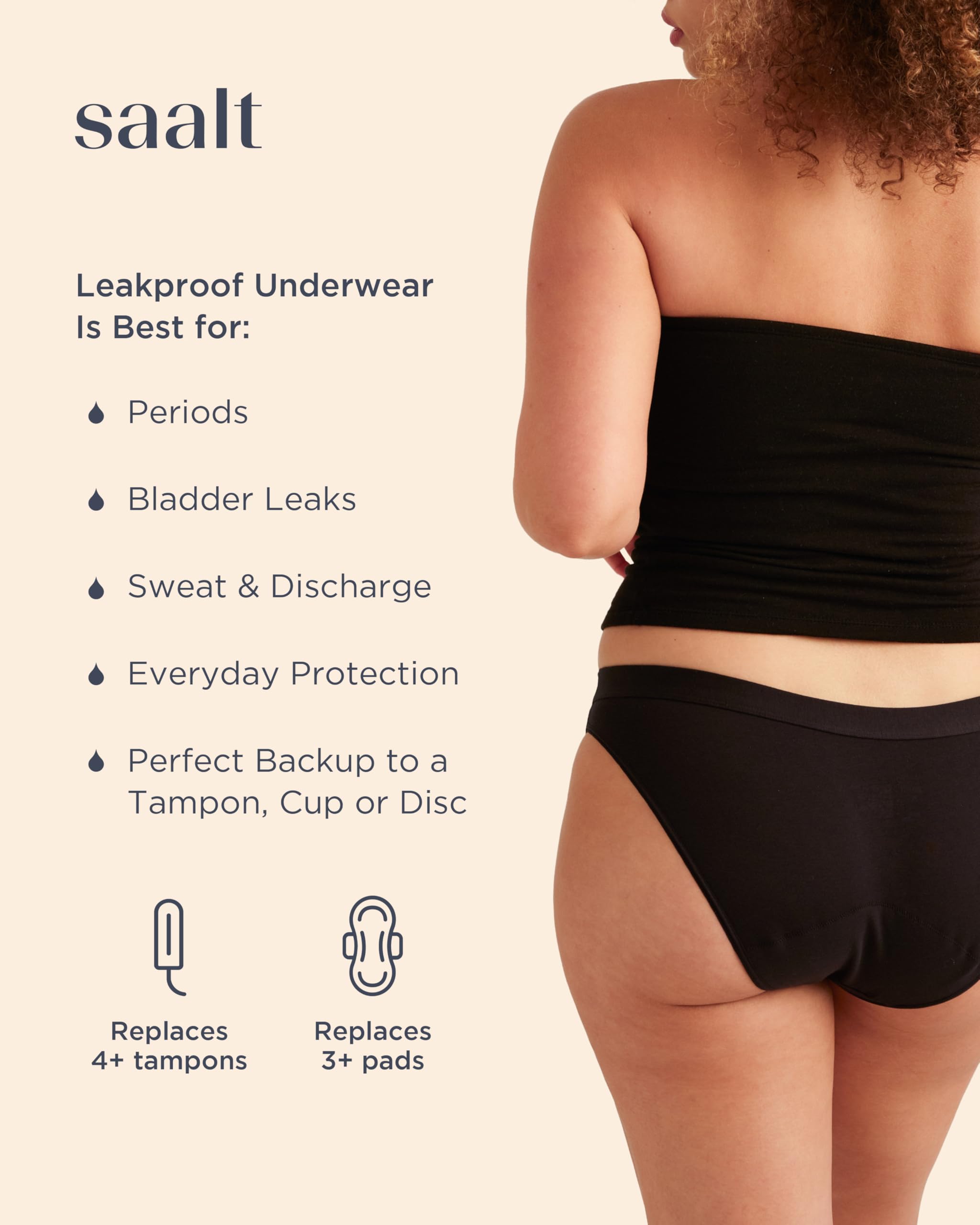 Saalt Cotton Bikini Volcanic Black on-body wear highlights regular absorbency and secure fit.