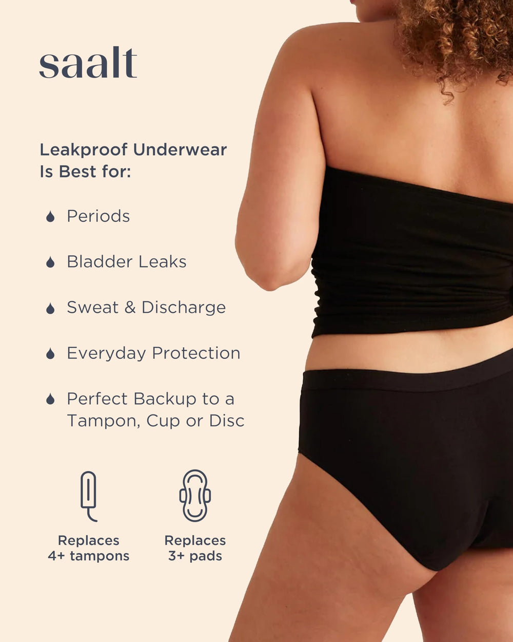 Saalt cotton brief underwear in black, back view showing full coverage.