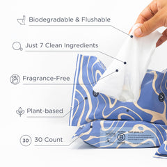 Saalt Daily Cleansing Wipes flushable icon indicates easy disposal in compatible systems.