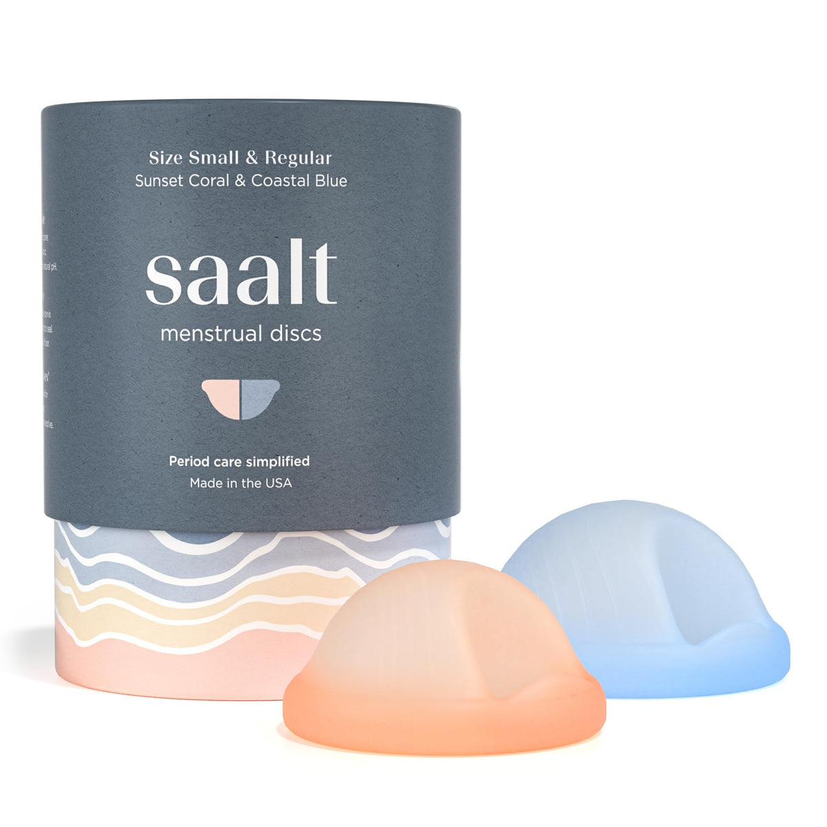 Saalt Menstrual Disc Duo packaging view highlights reusable design for sustainable period care.