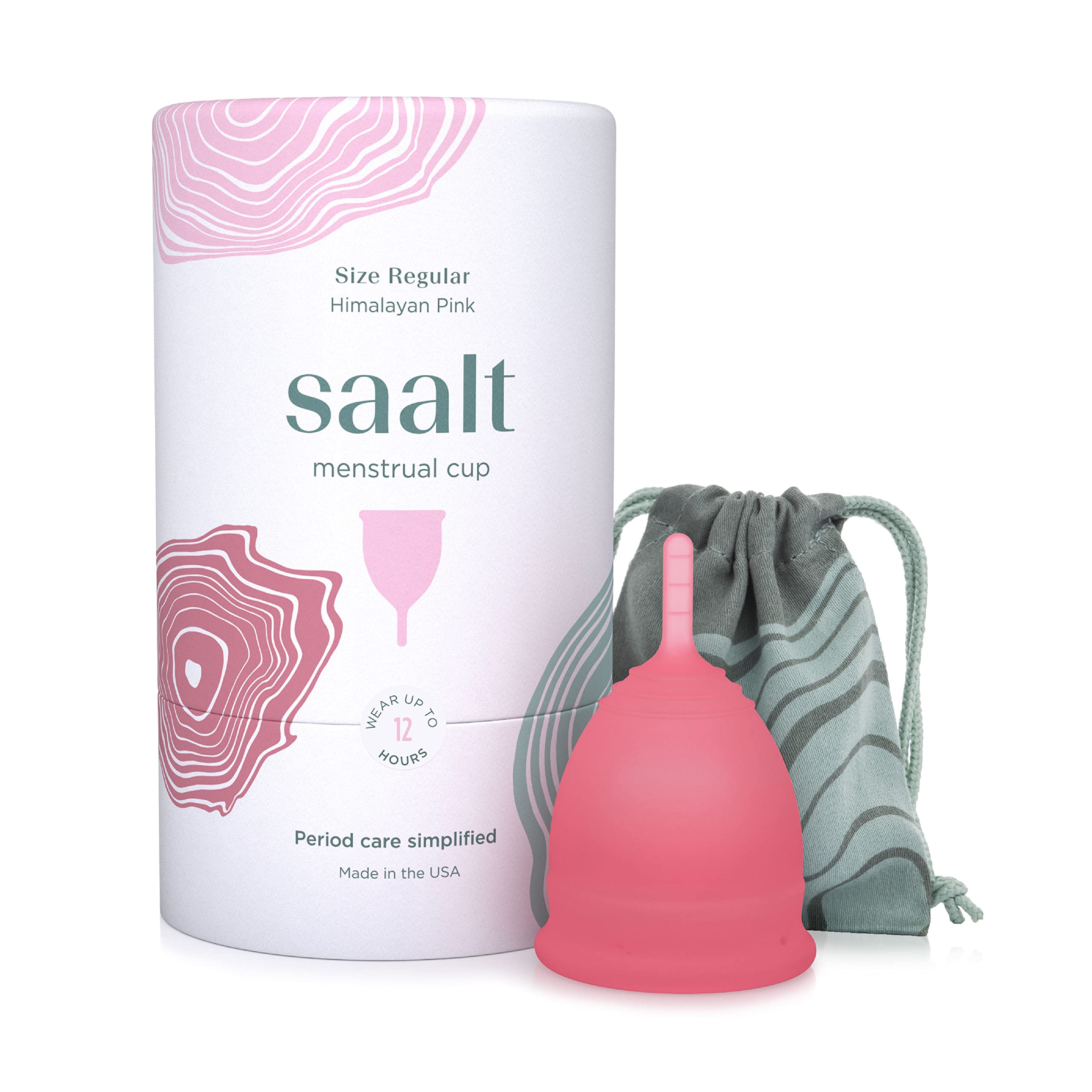Saalt menstrual cup regular Himalayan Pink shown for all-day leak-free protection.