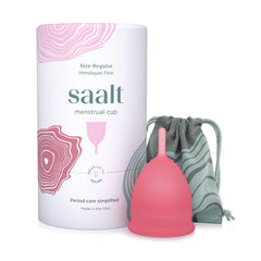 Saalt menstrual cup regular Himalayan Pink shown for all-day leak-free protection.