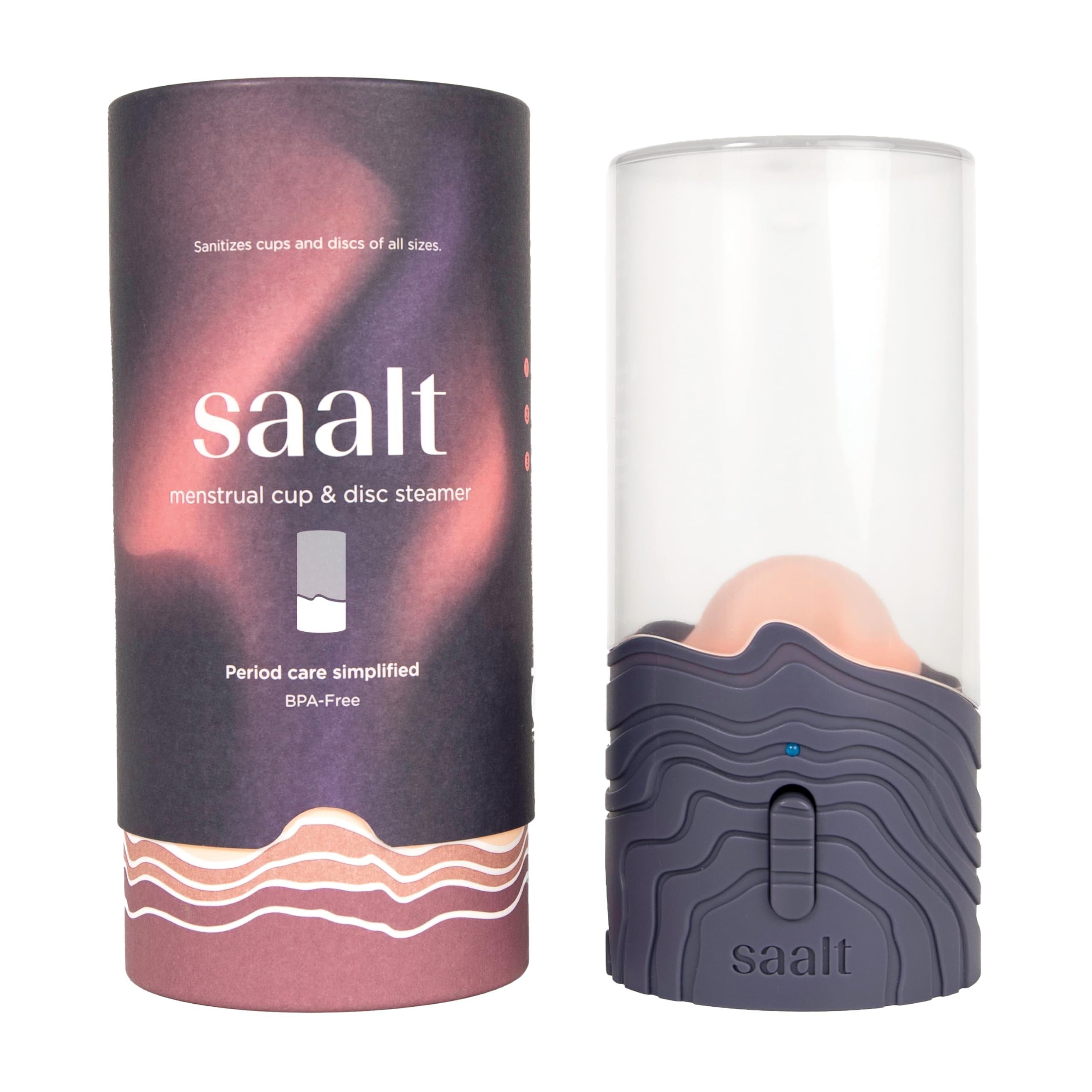 Saalt Menstrual Cup Steamer Blue Dusk front view, on-the-go sanitizing.