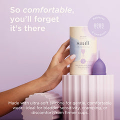 Saalt Soft cup flex-fit demonstrates comfortable wear during workouts and sleep.