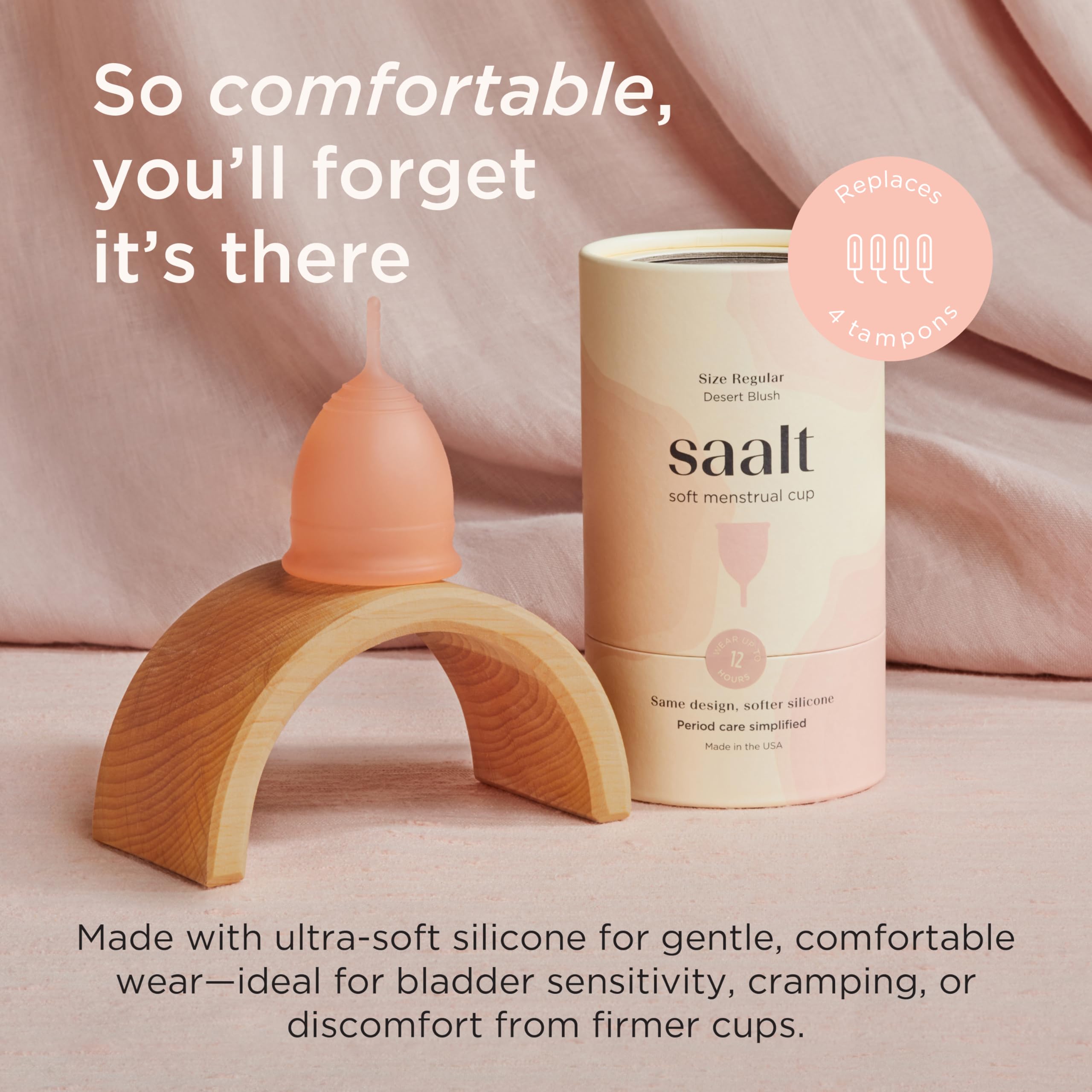 Saalt Soft Regular Desert Blush cup in use showing discreet wear.