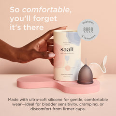 Saalt Soft cup in use providing leak-free, all-day protection