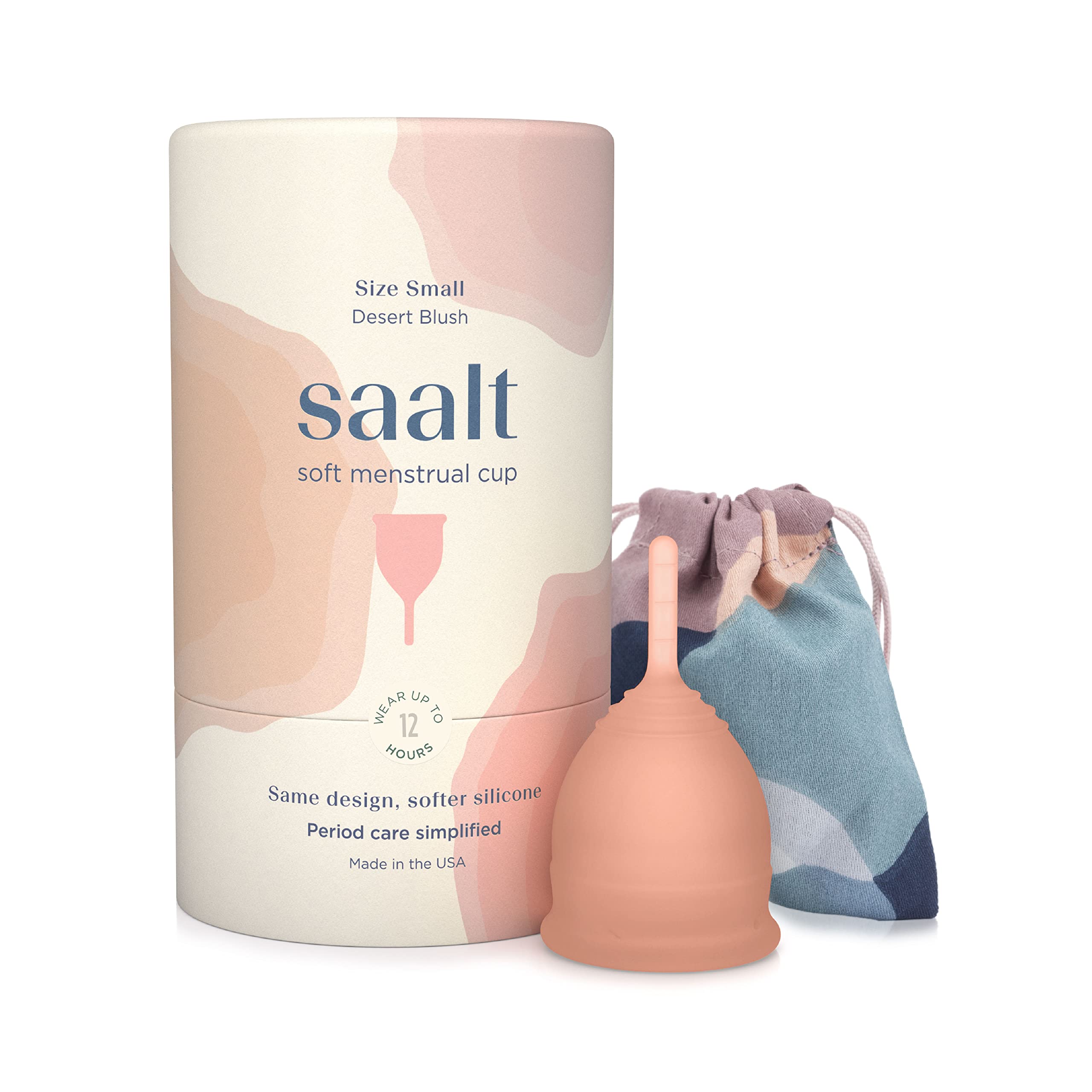 Saalt Soft Menstrual Cup desert blush small close-up for all-day comfort.