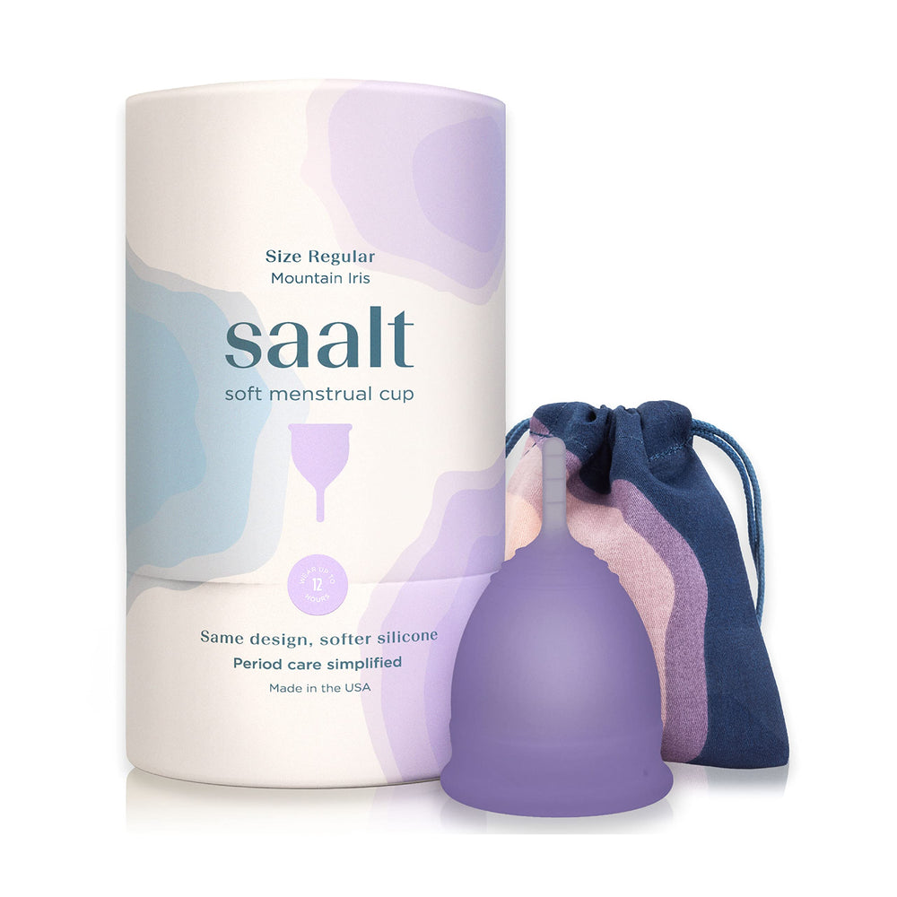 Saalt Soft menstrual cup overview shows flexible fit for leak-free comfort up to 12 hours.