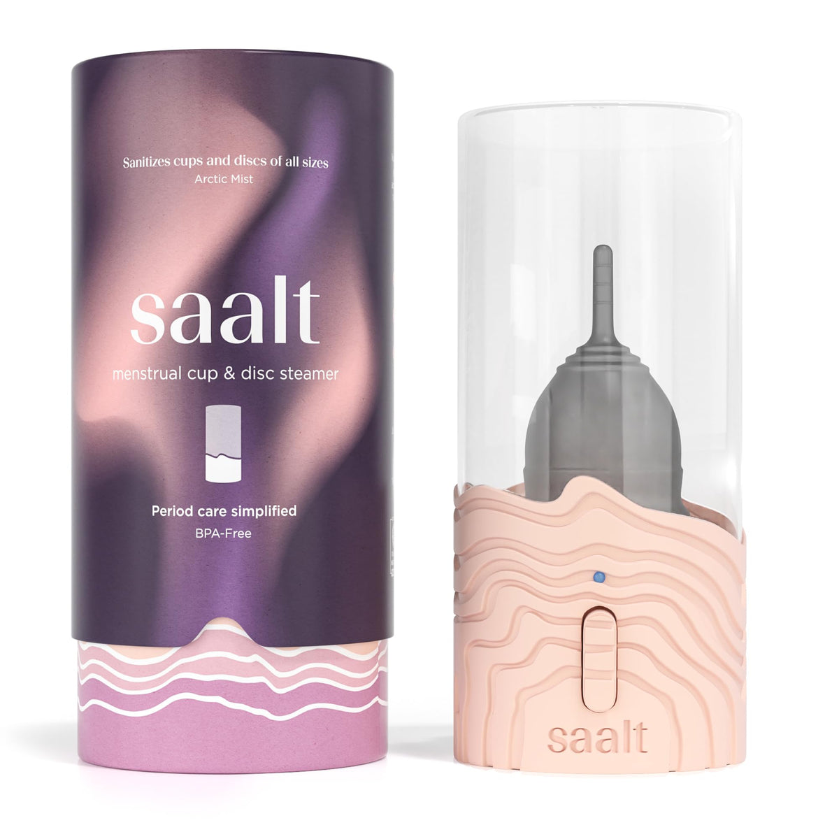 Saalt steamer rose-quartz on counter enables quick hygienic cup sanitation.