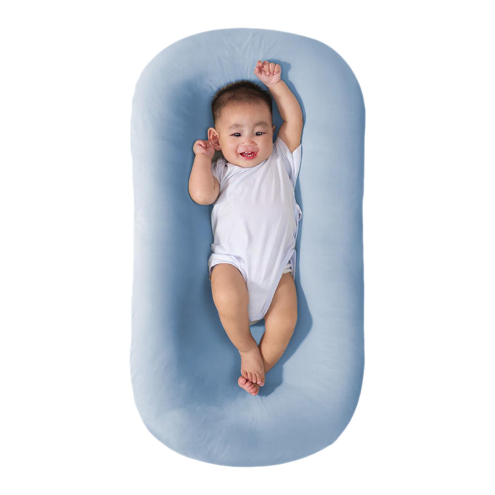 Saanerueen baby lounger in blue full view showing a cozy newborn nest