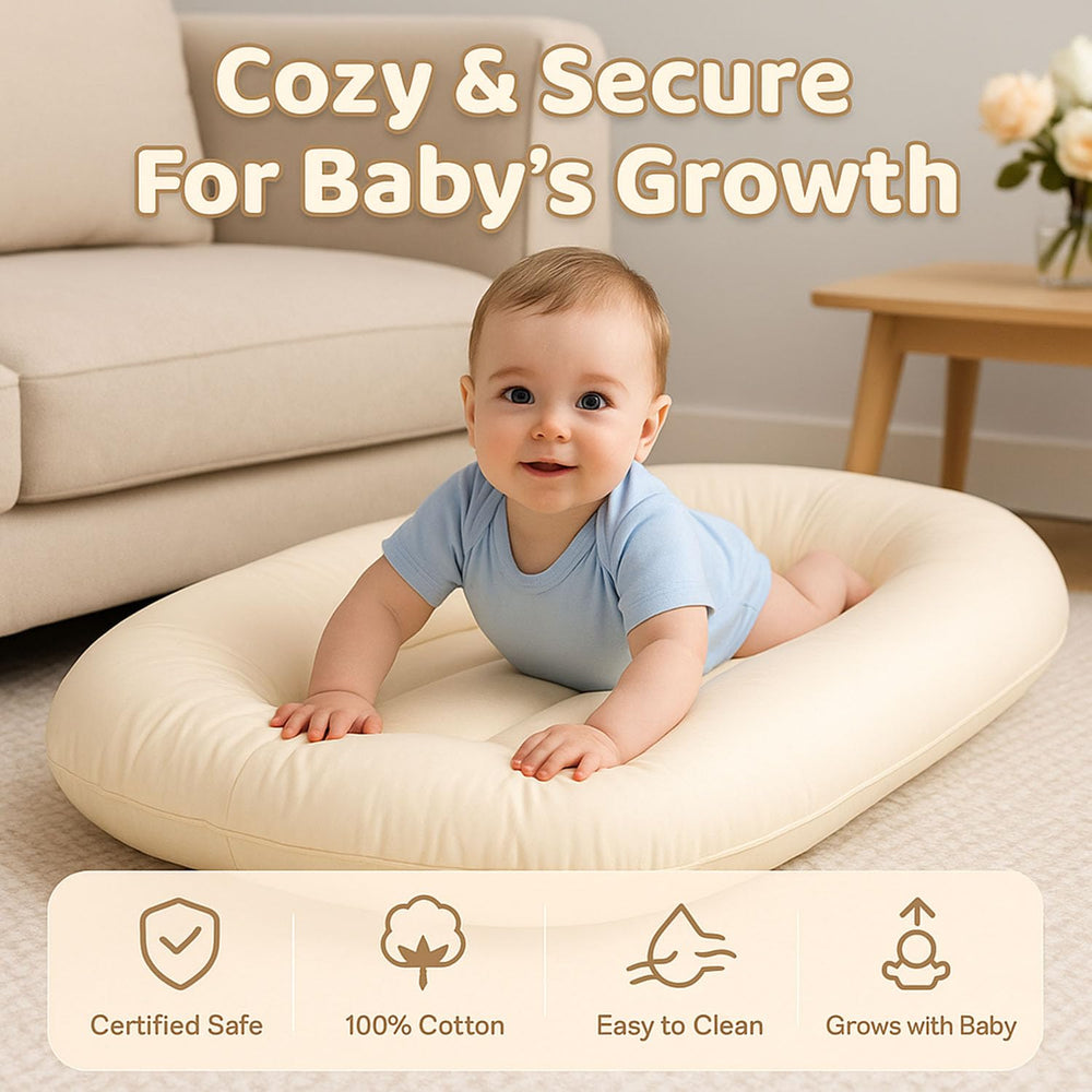 Saanerueen pink baby lounger side view showing portable comfort