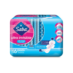 Saba Ultra Invisible Ultra Thin Long with Wings packaging shown for discreet, portable protection.