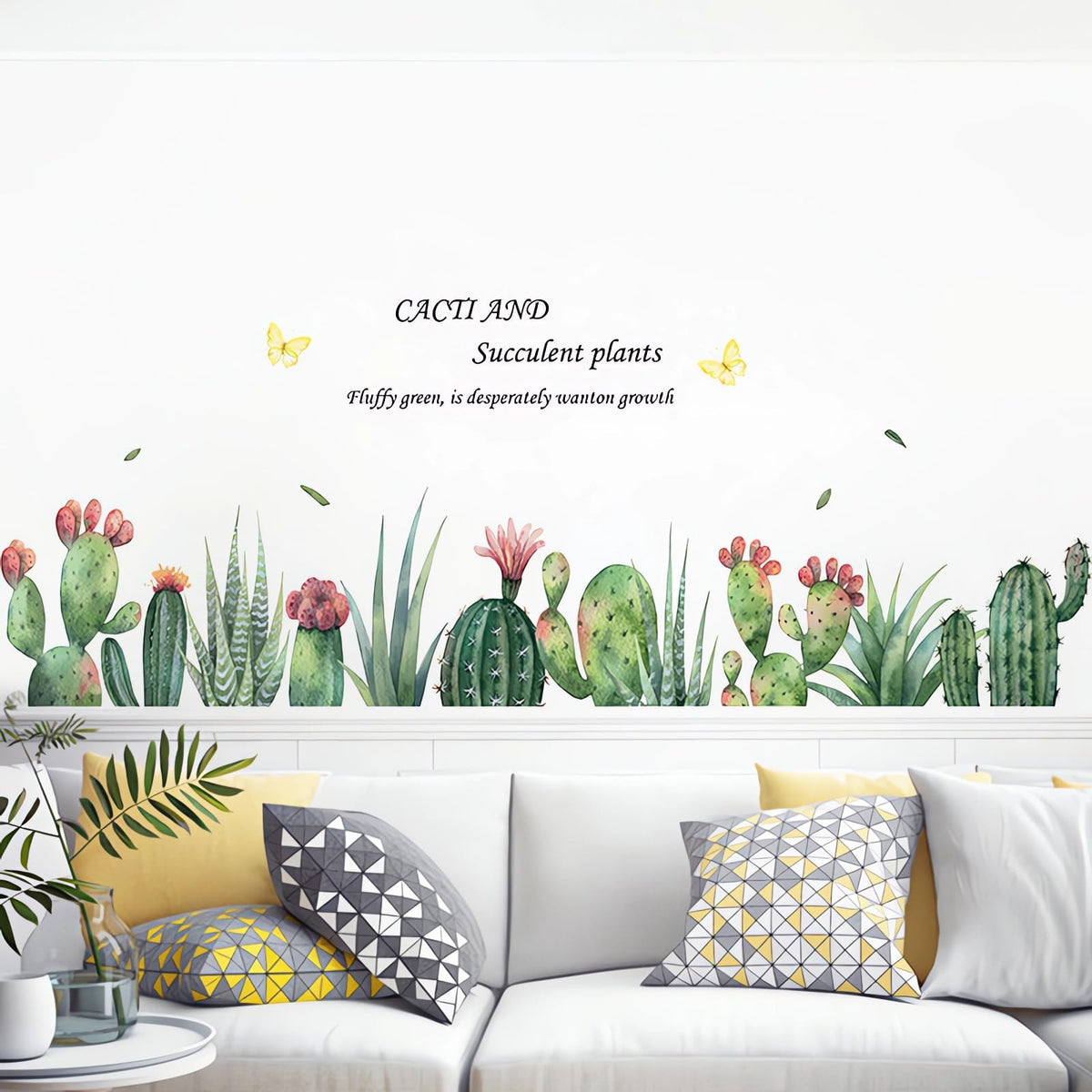 Sacinora cartoon cactus wall stickers displayed as a living room decor idea.
