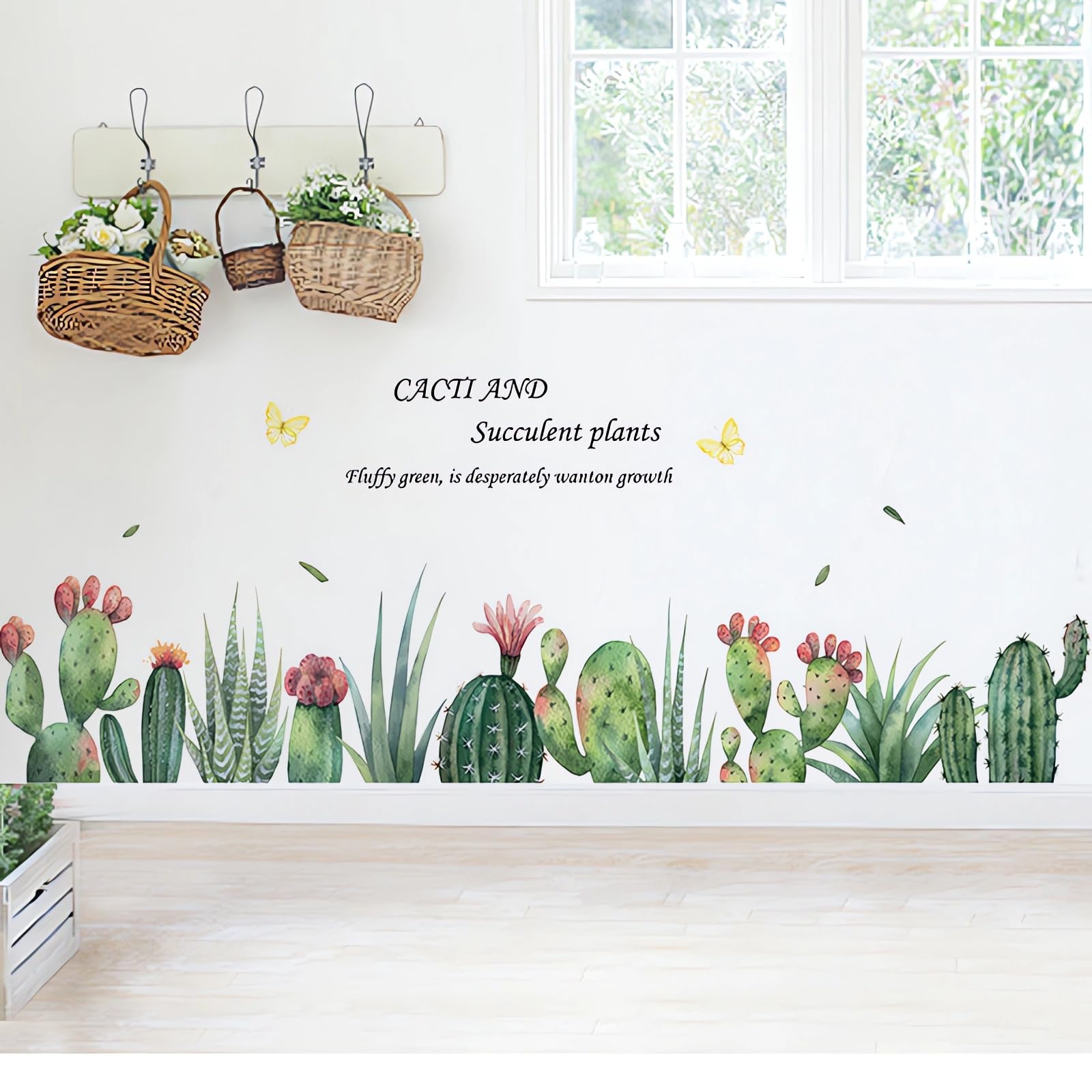 Sacinora cartoon cactus wall stickers in a living room setting brighten the space.