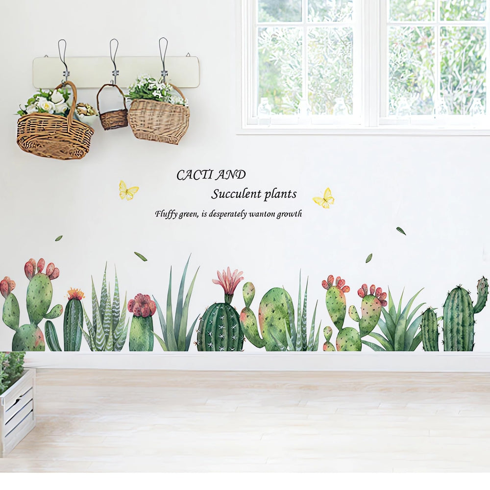 Sacinora cartoon cactus wall stickers in a living room setting brighten the space.