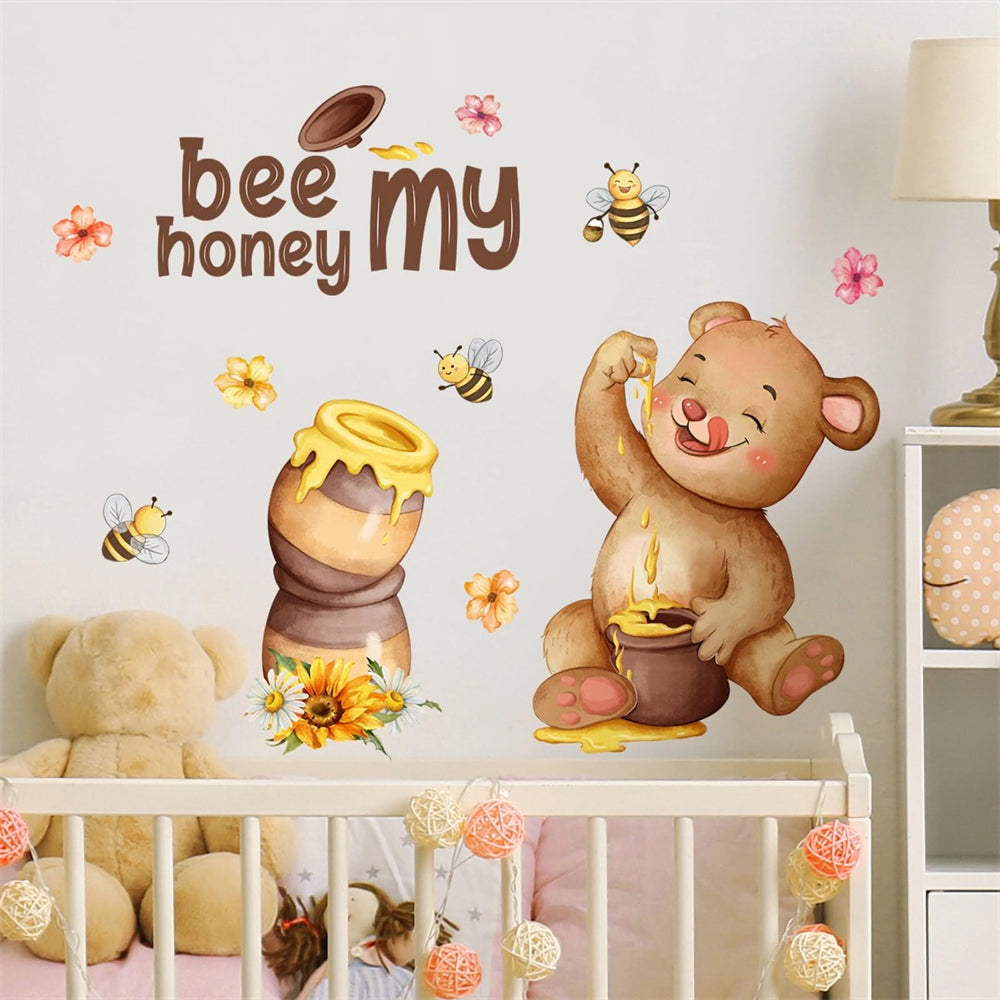Sacinora Cute Bear Bees Honey Jar wall sticker adds playful charm to a kid's room.
