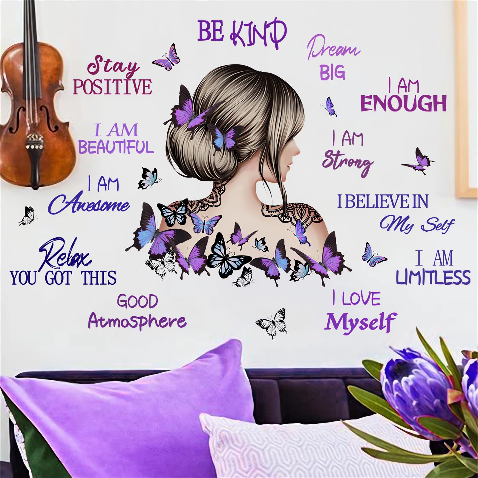 sacinora purple butterfly girl sticker for living rooms and kids' spaces, adding whimsy.