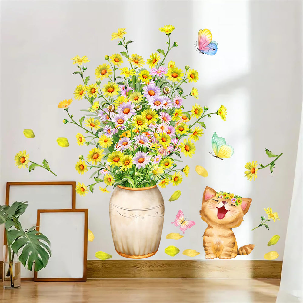 Sacinora yellow daisy kitten wall sticker for playful bedroom decor