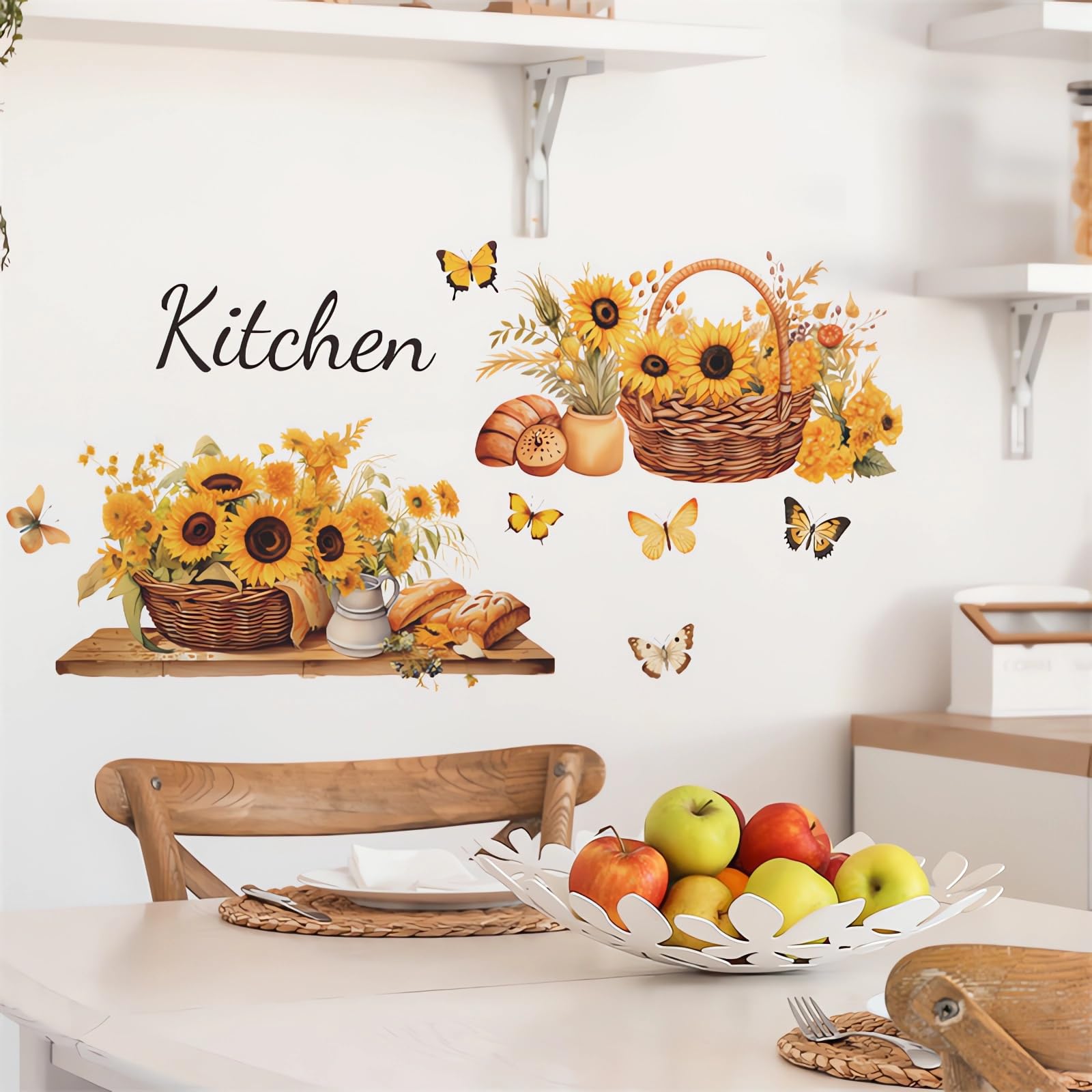 Sacinora yellow floral art wall decal brightens kitchen or nursery with sunny removable design.