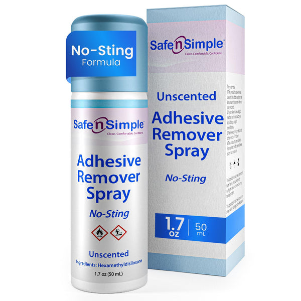 Safe n' Simple adhesive remover spray bottle for easy at-home use.