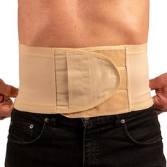 Safe n' Simple ostomy belt front view shows comfortable, adjustable daily support.