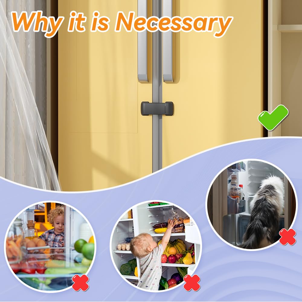 SAFELON fridge lock adhesive installation shows tool-free mounting.