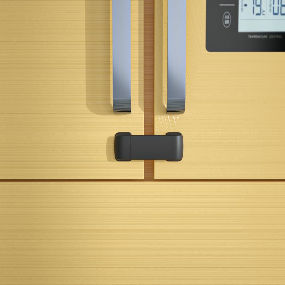 SAFELON fridge lock dual-pack installed on a French-door fridge for toddler-proofing.