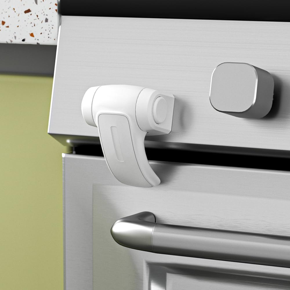 SAFELON oven lock shown with adhesive installation securing the oven door.